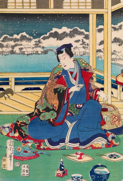 Genji Viewing Snow from a Balcony by Toyohara Kunichika
